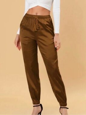 Allegra K Coffee Brown Drawstring Elastic Waist Tassel Satin Jogger Pants Sz XS